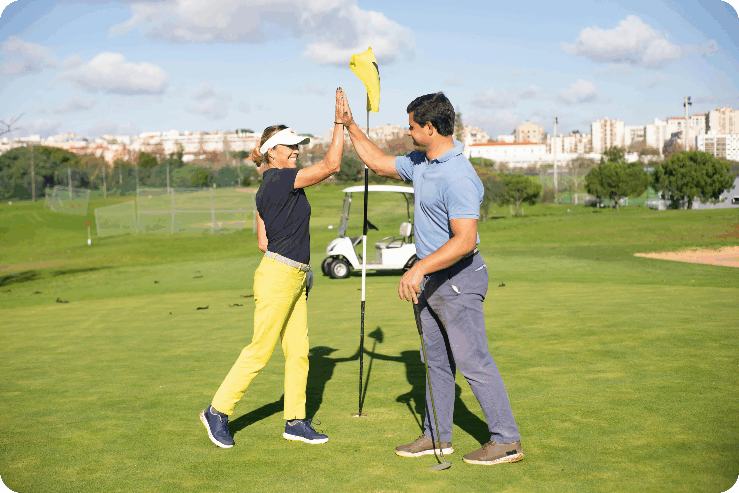 golf cart gps systems golfers high fiving