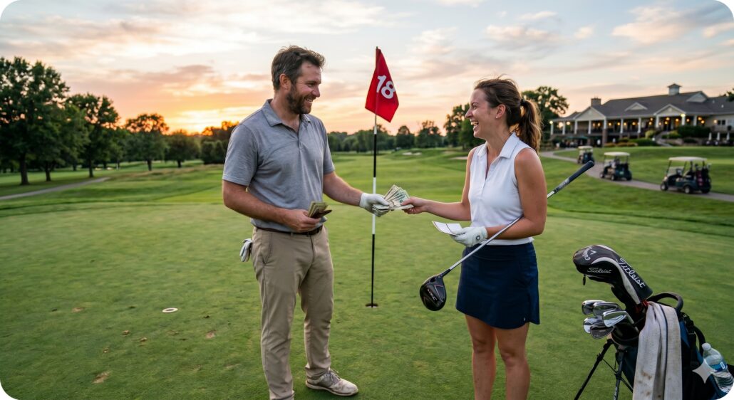 golf cart gps system golfer settling up after round
