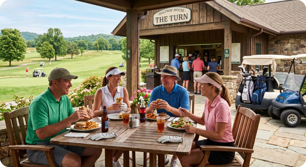 golf cart gps system golfers at halfway house