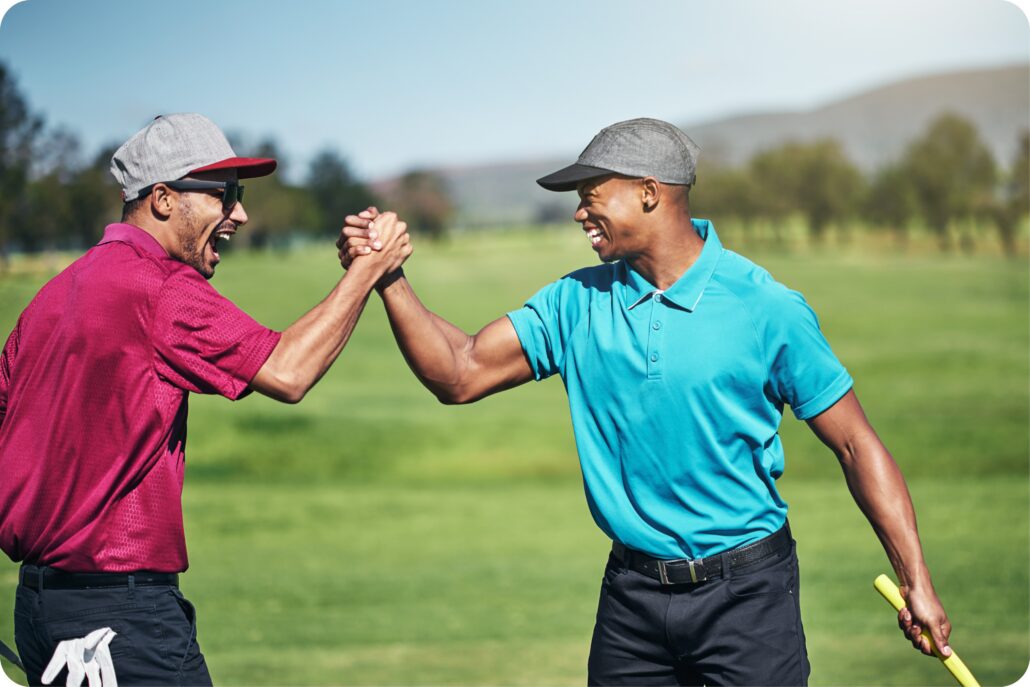 golf cart gps system two golfers celebrating after a round
